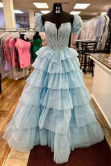 Blue Sparkle Corset Prom Dress with Beading 鈥?Off-Shoulder A-Line Tulle Tiered Long