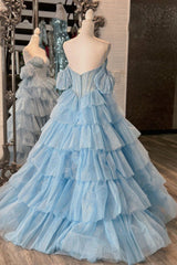 Blue Sparkle Corset Prom Dress with Beading 鈥?Off-Shoulder A-Line Tulle Tiered Long