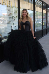 Long Corset Prom Dress in Black with Sweetheart Neckline A-Line Tulle Tiered Skirt and Slit
