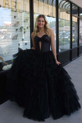 Long Corset Prom Dress in Black with Sweetheart Neckline A-Line Tulle Tiered Skirt and Slit