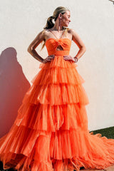 Long A-Line Prom Dress in Orange with Halter Neck and Tiered Tulle
