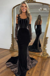 Long Velvet Mermaid Prom Dress with Black Spaghetti Straps (Gloves not included)