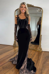Long Velvet Mermaid Prom Dress with Black Spaghetti Straps (Gloves not included)