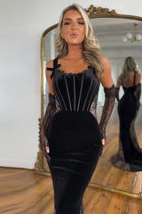 Long Velvet Mermaid Prom Dress with Black Spaghetti Straps (Gloves not included)