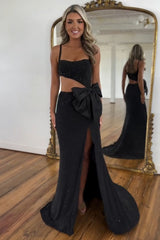 Black Glitter Spaghetti Strap Mermaid Gown with Beaded Cut-outs for Prom