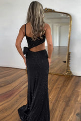 Long Black Prom Dress with Sparkly Spaghetti Straps Mermaid Cut-out and Bow
