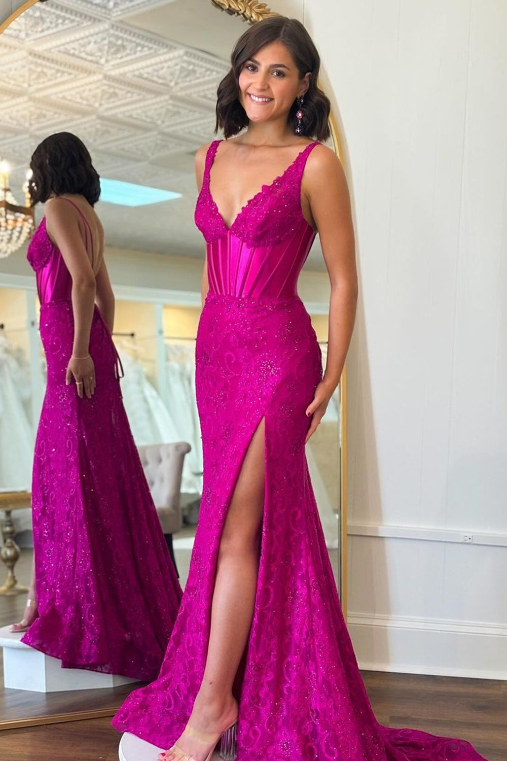 Long Mermaid Prom Dress with Fuchsia Lace and Spaghetti Straps Featuring a Slit