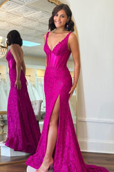 Long Mermaid Prom Dress with Fuchsia Lace and Spaghetti Straps Featuring a Slit