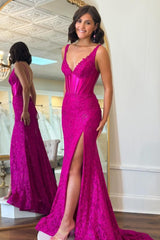 Long Mermaid Prom Dress with Fuchsia Lace and Spaghetti Straps Featuring a Slit