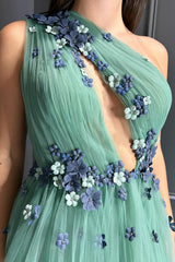 Long A-Line Prom Dress in Green with One Shoulder and 3D Tulle Flowers