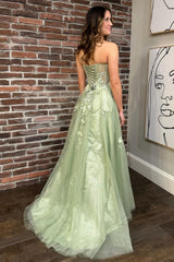 Long A-Line Corset Prom Dress in Green with Sweetheart Neckline and Tulle Appliques