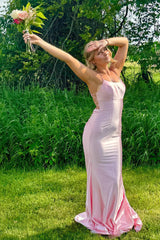 Long Open-Back Prom Dress in Mermaid Satin with Pink Spaghetti Straps