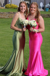 Long Prom Dress in Fuchsia Mermaid Satin with Spaghetti Straps and Appliques