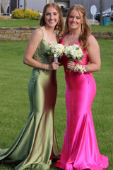 Long Prom Dress in Fuchsia Mermaid Satin with Spaghetti Straps and Appliques