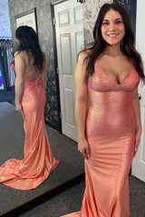 Long Orange Glitter Prom Dress with Meramid Spaghetti Straps and Beading