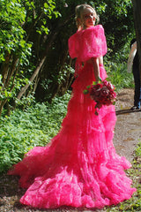 Long Prom Dress in Fuchsia with Square Neck Puff Sleeves and Slit 鈥?A-Line Tulle Tiered Design