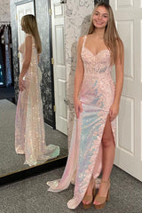 Long Corset Prom Dress in Light Pink with One Shoulder Cape and Sequined Mermaid Design