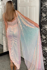 Long Corset Prom Dress in Light Pink with One Shoulder Cape and Sequined Mermaid Design