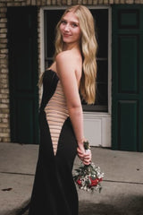 Long Black Meramid Corset Prom Dress with Strapless Cut-out and Slit