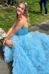 Sweetheart A-Line Long Prom Dress in Light Blue with Tiered Tulle and Bows