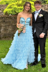 Sweetheart A-Line Long Prom Dress in Light Blue with Tiered Tulle and Bows