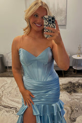 Sweetheart Corset Prom Dress in Light Blue with Tiered Satin Skirt and Slit