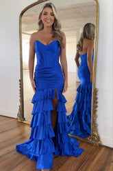 Elegant Royal Blue Sweetheart Mermaid Corset Prom Gown with Tiered Satin Skirt and Slit