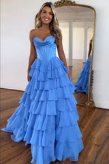 Sweetheart Blue Chiffon Corset Prom Dress with Ruffled A-Line and Long Slit