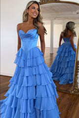 Sweetheart Blue Chiffon Corset Prom Dress with Ruffled A-Line and Long Slit