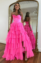 Sweetheart A Line Long Chiffon Prom Dress in Fuchsia with Tiered Corset and Slit