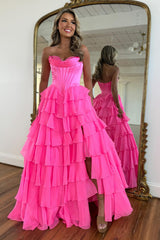 Sweetheart A Line Long Chiffon Prom Dress in Fuchsia with Tiered Corset and Slit