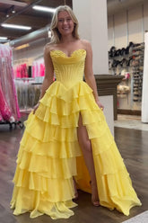 Sweetheart Yellow Princess Corset Dress with Ruffled Chiffon and Long Slit