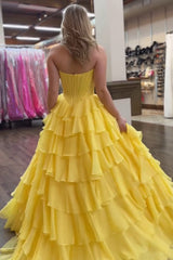 Sweetheart Yellow Princess Corset Dress with Ruffled Chiffon and Long Slit