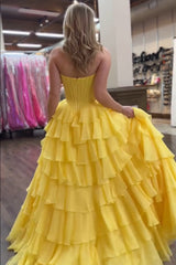 Sweetheart Yellow Princess Corset Dress with Ruffled Chiffon and Long Slit