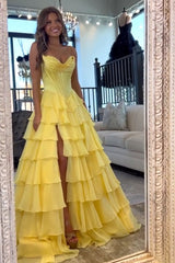 Sweetheart Princess Corset Prom Dress in Light Pink with Tiered Chiffon and Slit