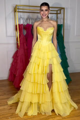 Sweetheart Princess Corset Prom Dress in Light Pink with Tiered Chiffon and Slit