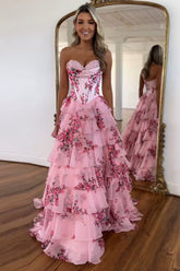 Sweetheart Blush A-Line Corset Prom Dress with Floral Ruffles and Long Chiffon Slit