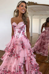 Sweetheart Blush A-Line Corset Prom Dress with Floral Ruffles and Long Chiffon Slit