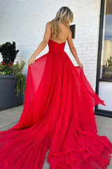 Sweetheart Red A-Line Chiffon Prom Dress with Pleats and Slit