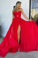 Sweetheart Red A-Line Chiffon Prom Dress with Pleats and Slit