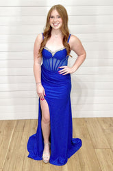 Royal Blue Sparkle Mermaid Corset Prom Dress with Beaded Spaghetti Straps