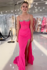 Long Fuchsia Beaded Sheath Prom Dress with Sparkly Slit Corset