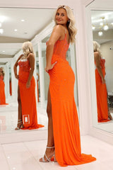 Long Beaded Mermaid Prom Dress with Orange Spaghetti Straps and Slit