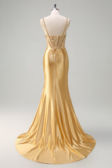 Metallic Long Corset Prom Dress with Golden Mermaid Spaghetti Straps and Beading