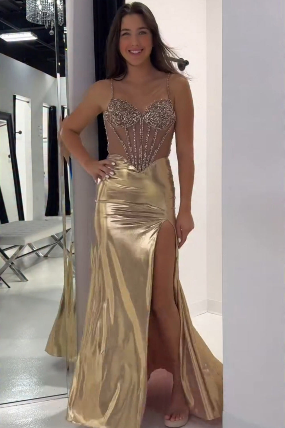 Metallic Long Corset Prom Dress with Golden Mermaid Spaghetti Straps and Beading