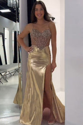 Metallic Long Corset Prom Dress with Golden Mermaid Spaghetti Straps and Beading