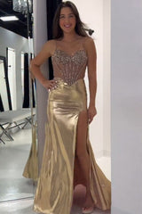 Metallic Long Corset Prom Dress with Golden Mermaid Spaghetti Straps and Beading