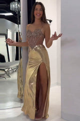 Metallic Long Corset Prom Dress with Golden Mermaid Spaghetti Straps and Beading