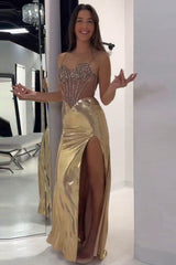Metallic Long Corset Prom Dress with Golden Mermaid Spaghetti Straps and Beading