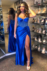 Royal Blue Satin Mermaid Prom Dress with Glitter Beading and Spaghetti Straps